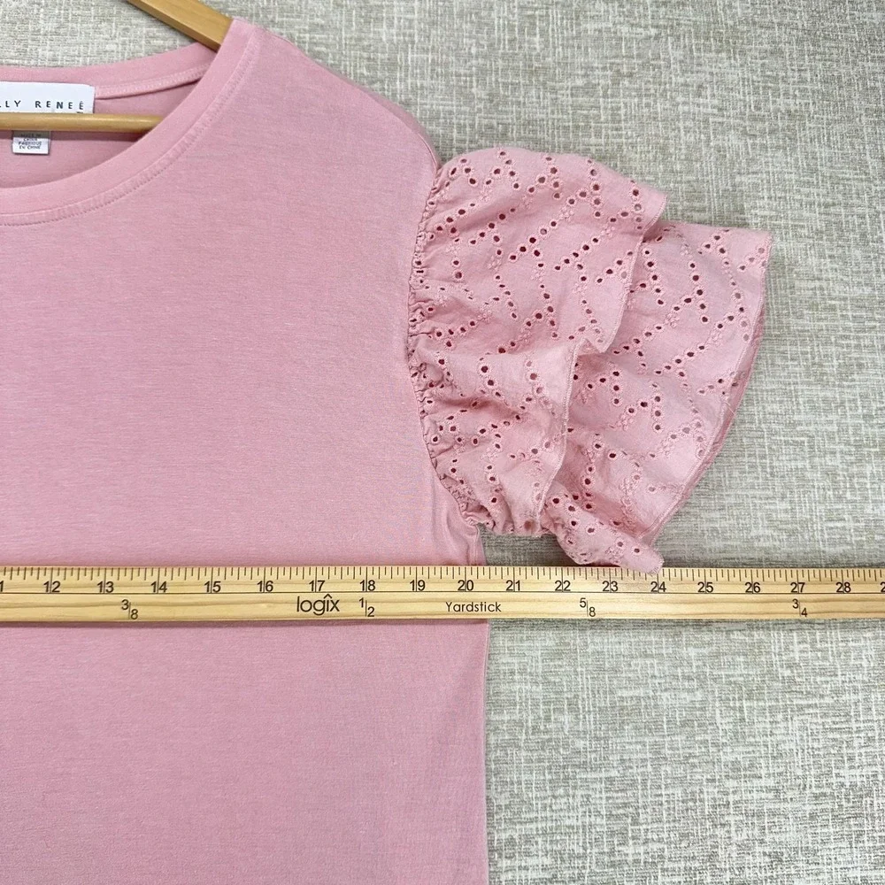 Kelly Renée Shirt Womens Large Pink Eyelet Ruffle Flutter Sleeve Knit Top - Picture 8 of 9